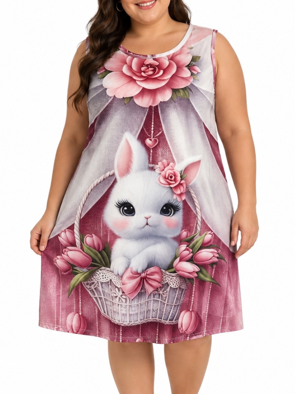 Plus Size pink white floral bunny print sleeveless shift dress size 5XL